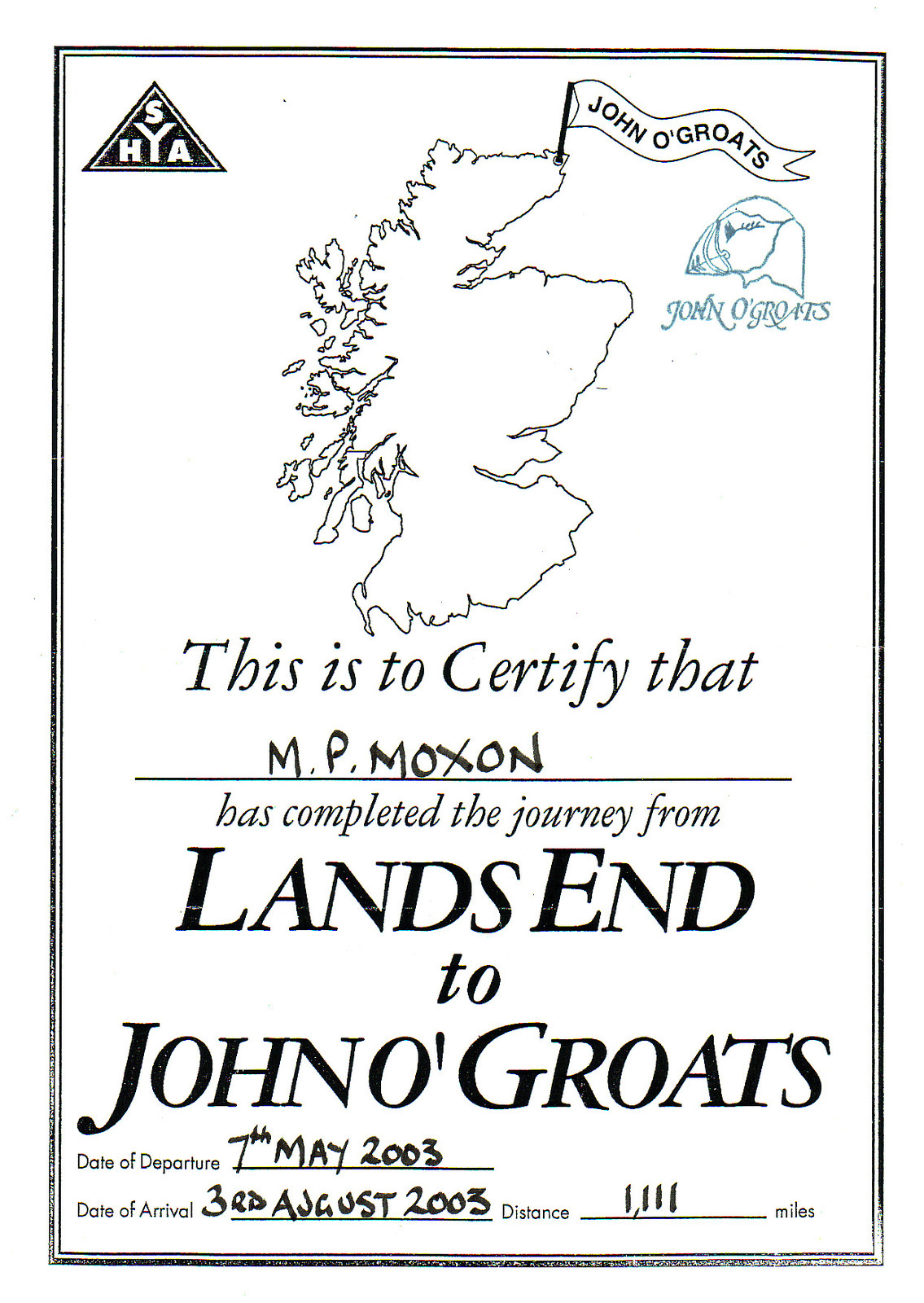 Mark's certificate from the Youth Hostel in John o'Groats